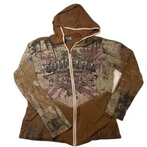 Vintage Y2K Vanilla Sugar Brown Camo Cowgirl Graphic Zip Up Hoodie Size M